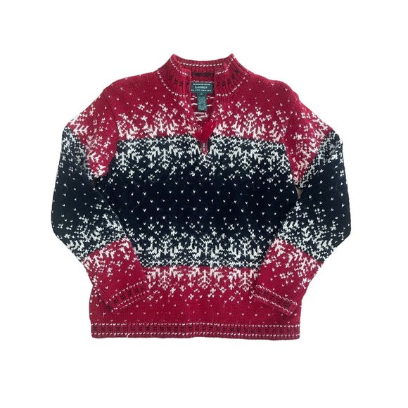 VINTAGE LAUREN RALPH LAUREN WOOL HAND KNIT SWEATER RED SNOWFLAKE MEDIUM